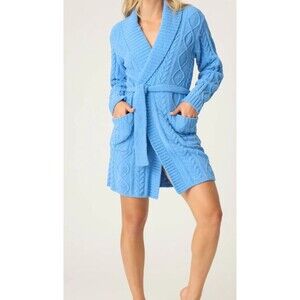 PJ Salvage Chenille Cable Knit Robe Blue Removable Belt Size S